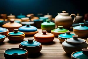 a collection of colorful ceramic bowls and pots. AI-Generated photo
