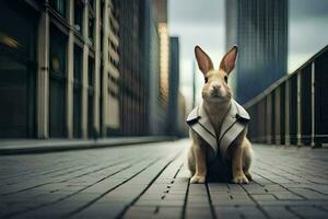 a rabbit wearing a jacket sitting on a street. AI-Generated photo