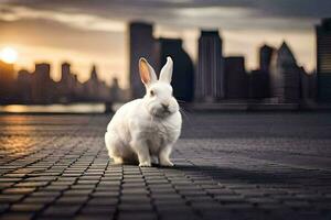 a white rabbit sitting on a brick floor in front of a city skyline. AI-Generated photo