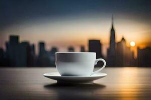 coffee cup on a table with cityscape in the background. AI-Generated photo
