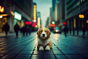 a dog sitting on the street in a city. AI-Generated photo