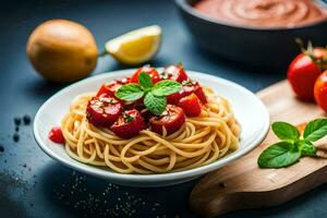 spaghetti with tomatoes and basil on a plate. AI-Generated photo