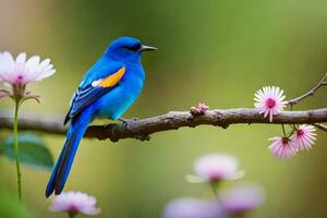 un azul pájaro se sienta en un rama con rosado flores generado por ai foto