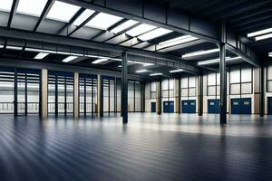 an empty warehouse with large windows and a large floor. AI-Generated photo