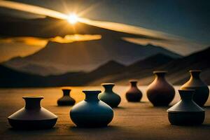 a group of vases are lined up in front of a mountain. AI-Generated photo