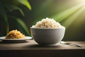 rice in a bowl and spoon on a wooden table. AI-Generated photo