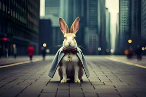 a rabbit wearing a cape and tie sitting on the street. AI-Generated photo