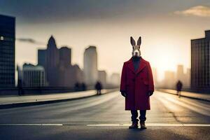 a rabbit wearing a red coat standing on a bridge. AI-Generated photo