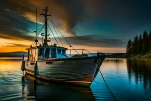 a boat docked at the shore of a lake at sunset. AI-Generated photo