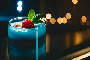 a blue drink with a raspberry on top. AI-Generated photo