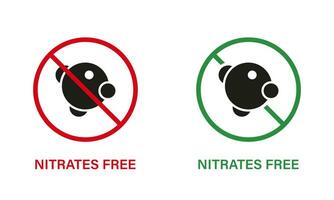 Nitrates Free Silhouette Icon Set. Nitrites in Food Ingredient Stop Sign. Nitrate Forbidden Symbol. Nutrition Control Certified Badge. Guarantee Non Nitrite. Isolated Vector Illustration.