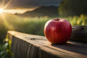 an apple sits on a wooden bench in front of the sun. AI-Generated photo