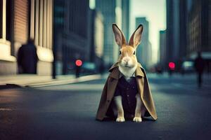 a rabbit wearing a coat and tie on the street. AI-Generated photo