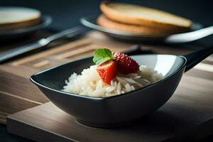 a bowl of rice with strawberries and bread on a cutting board. AI-Generated photo