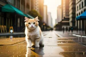 a cat is standing on a wet street in the city. AI-Generated photo