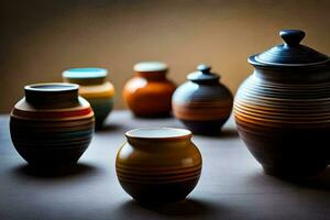 a group of colorful vases sitting on a table. AI-Generated photo