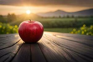 rojo manzana en un de madera mesa en frente de un puesta de sol. generado por ai foto