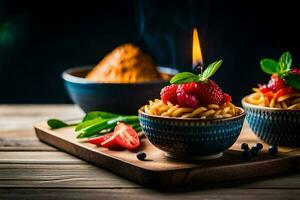 two bowls with strawberries and spices on a wooden table. AI-Generated photo