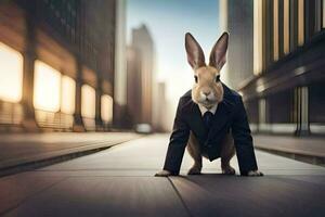 a rabbit in a suit and tie standing on a street. AI-Generated photo