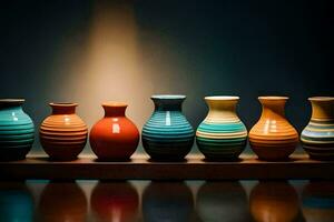 a row of colorful vases on a table. AI-Generated photo