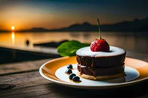 a dessert on a plate with a cherry on top. AI-Generated photo