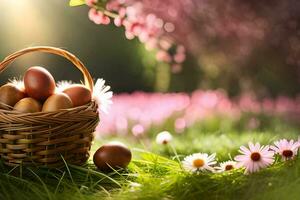 easter eggs in a basket. AI-Generated photo
