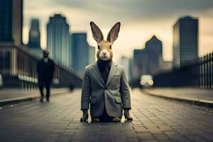 a rabbit wearing a suit and tie on a street. AI-Generated photo