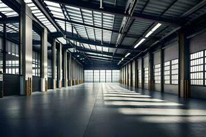 an empty warehouse with large windows and lots of sunlight. AI-Generated photo