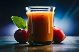 a glass of juice with apples and a leaf. AI-Generated photo