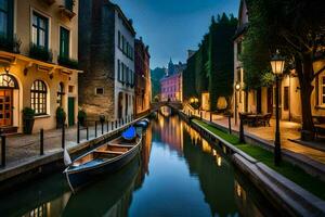 a boat is docked in a narrow canal at night. AI-Generated photo