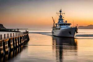 a boat is docked at the end of a pier at sunset. AI-Generated photo