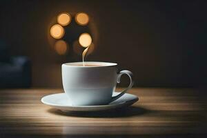 a cup of coffee on a table. AI-Generated photo