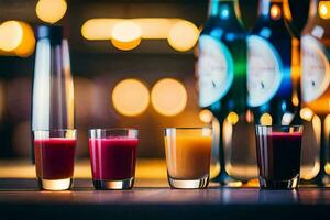 a row of glasses with different colored juices. AI-Generated photo