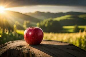 un manzana se sienta en un tocón en frente de un campo. generado por ai foto