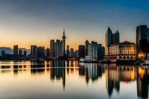 el ciudad horizonte es reflejado en el agua a puesta de sol. generado por ai foto