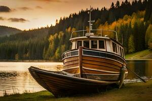 a boat sits on the shore of a lake at sunset. AI-Generated photo