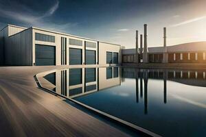 a large industrial building with a pool in front. AI-Generated photo