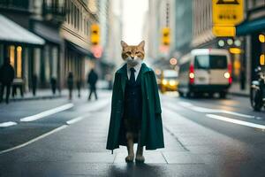 a cat dressed in a suit and tie standing on a city street. AI-Generated photo