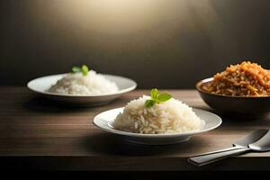 three bowls of rice and a spoon on a table. AI-Generated photo