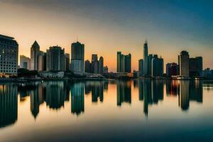 el ciudad horizonte es reflejado en el agua a puesta de sol. generado por ai foto