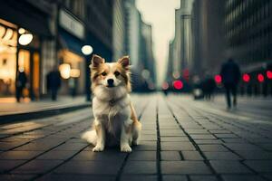 a dog sitting on the street in a city. AI-Generated photo