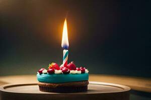 a small blue birthday cake with a lit candle. AI-Generated photo