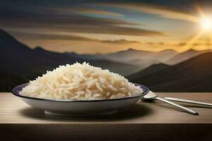 a bowl of rice with a fork and spoon on a table in front of a mountain background. AI-Generated photo