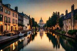 el canal en el ciudad a puesta de sol. generado por ai foto