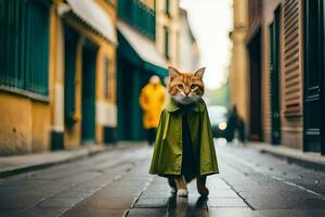 un gato vistiendo un verde Saco caminando abajo un calle. generado por ai foto