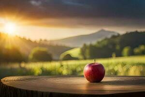 un manzana se sienta en un tocón en frente de un puesta de sol. generado por ai foto