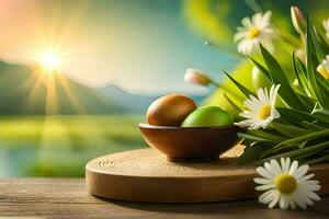 easter eggs in a bowl with daisies and sun. AI-Generated photo