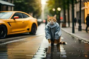 a cat in a raincoat standing on a wet street. AI-Generated photo