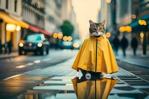 a cat in a yellow raincoat standing on a city street. AI-Generated photo