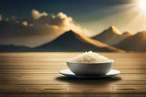 rice in a bowl on a wooden table. AI-Generated photo